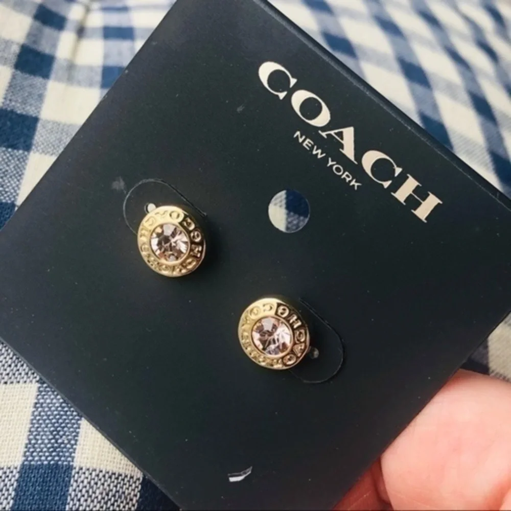 Coach Gold Crystal Logo Stud Earrings NWT - Picture 1 of 6
